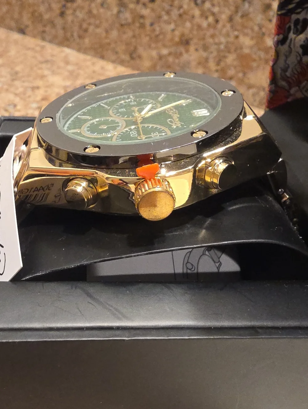 ED HARDY NWT Gold-Tone Men's Watch with Green Dial and Black Bezel